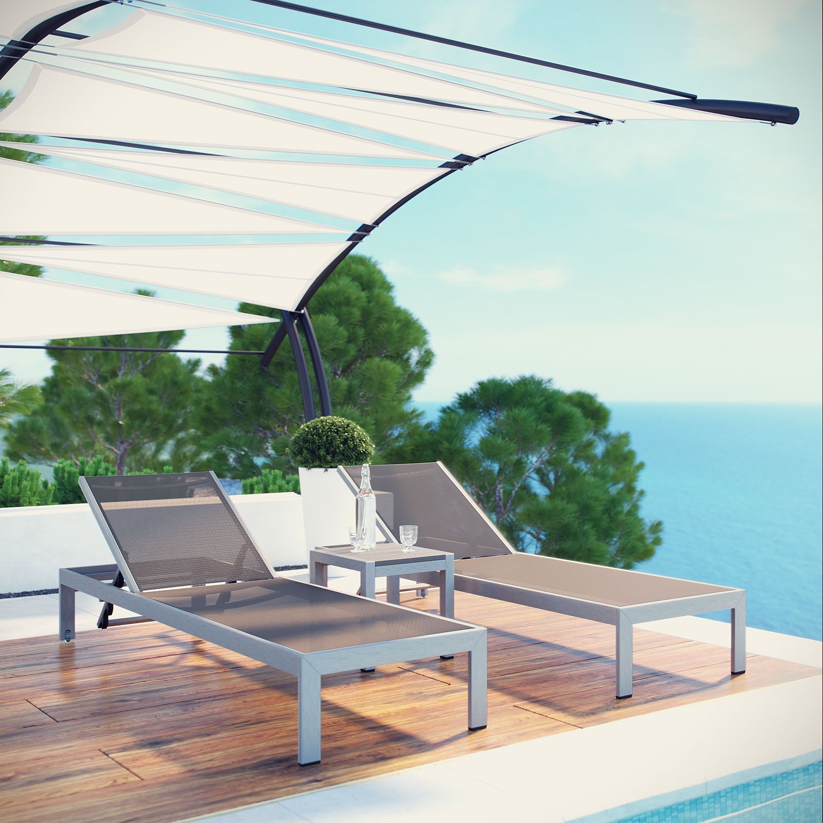 Coast 3 Piece Outdoor Patio Aluminum Mesh Chaise Set