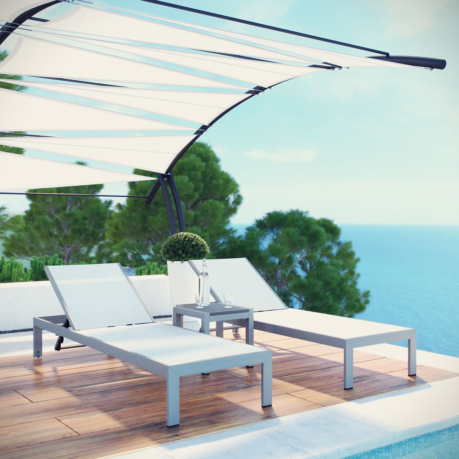 Coast 3 Piece Outdoor Patio Aluminum Mesh Chaise Set