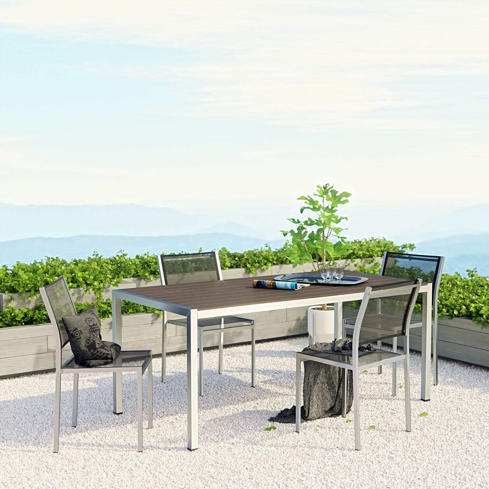 Coast 5-Piece Outdoor Patio Aluminum Dining Set 71” - Mesh Side Chairs