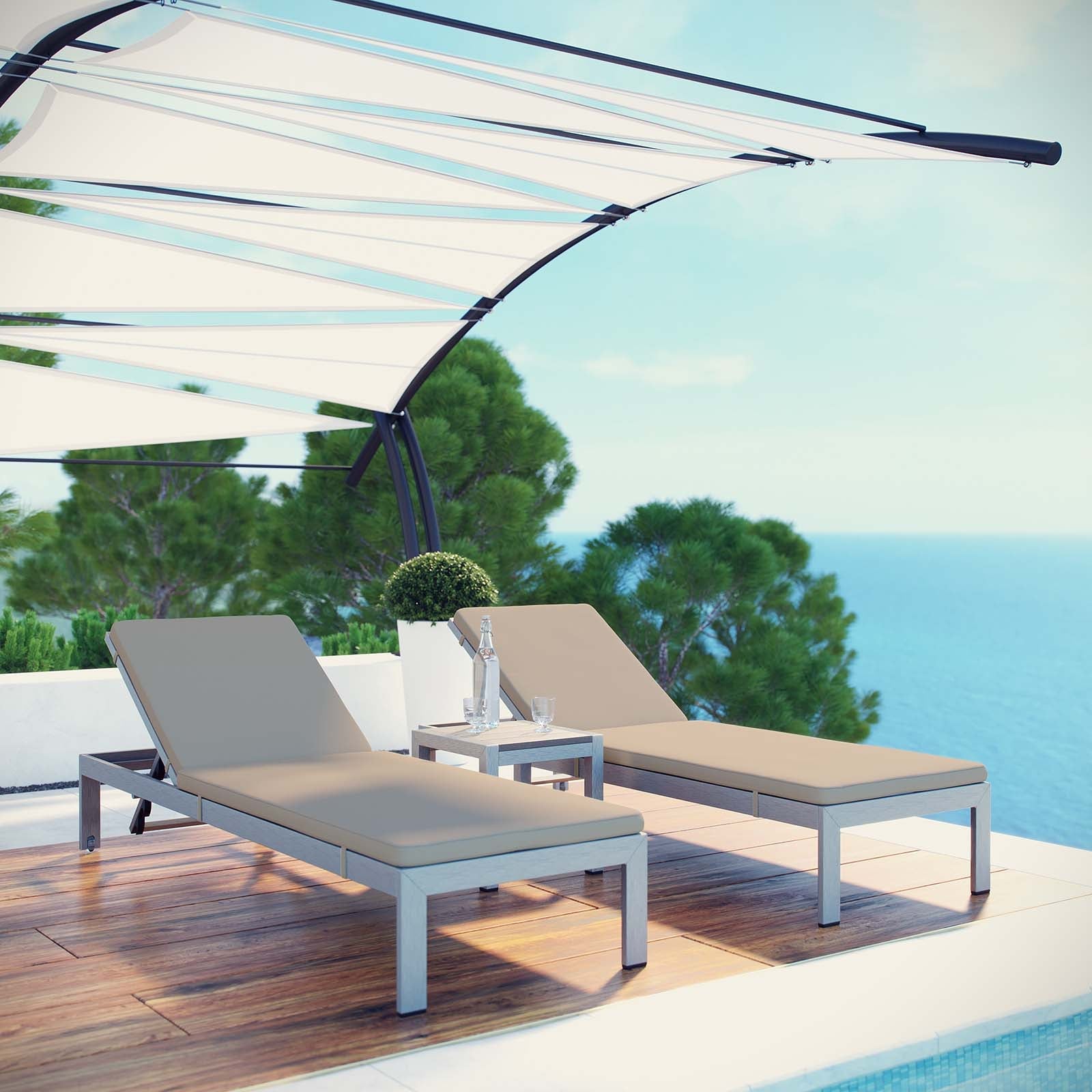 3 Piece Outdoor Patio Aluminum Chaise with Cushions