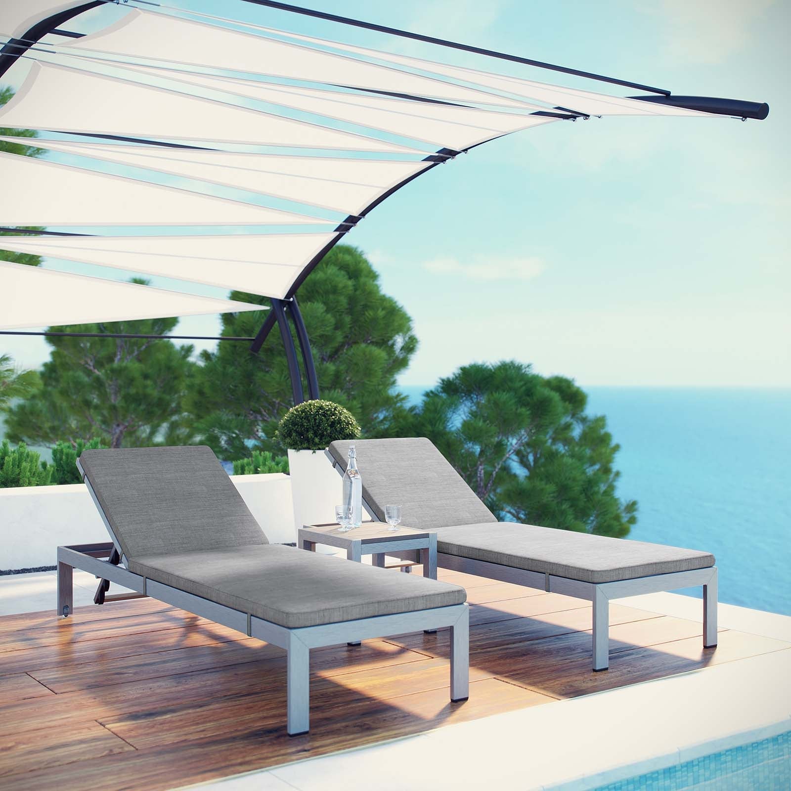 3 Piece Outdoor Patio Aluminum Chaise with Cushions