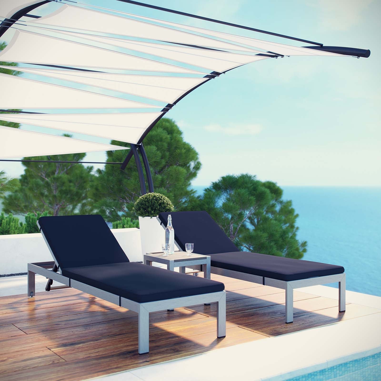 3 Piece Outdoor Patio Aluminum Chaise with Cushions