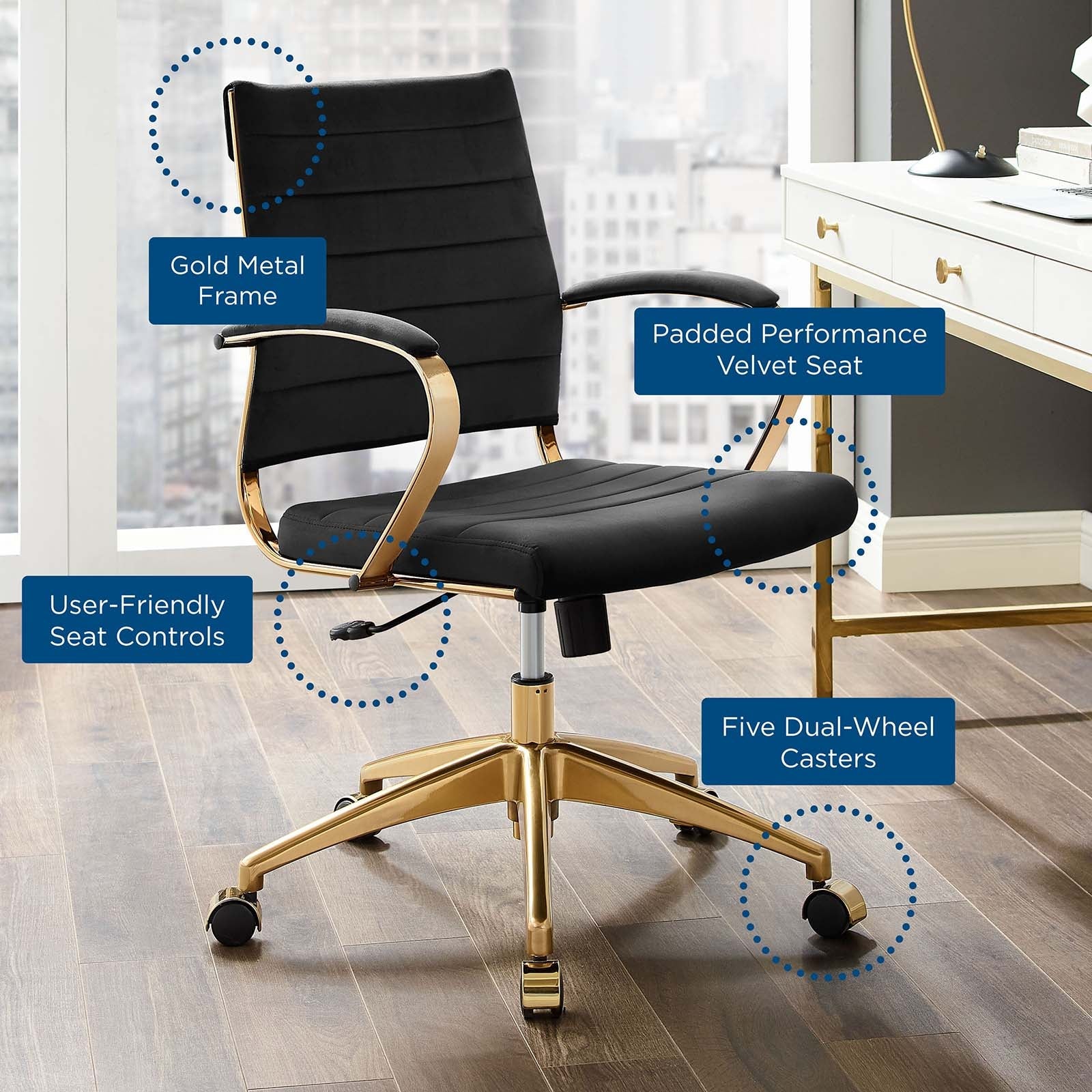 Deluxe Mid Back Velvet Office Chair Gold