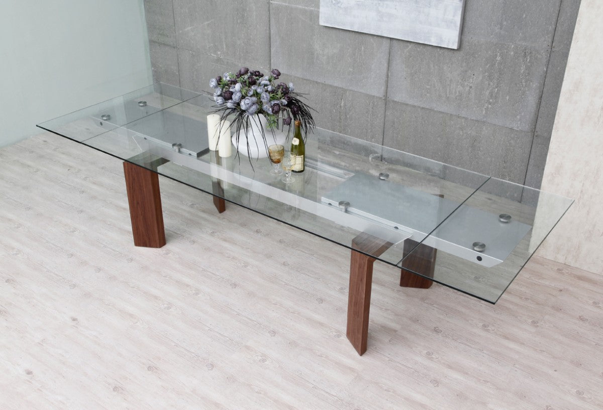 87"- 122" Monte Extendable Walnut & Glass Dining Table