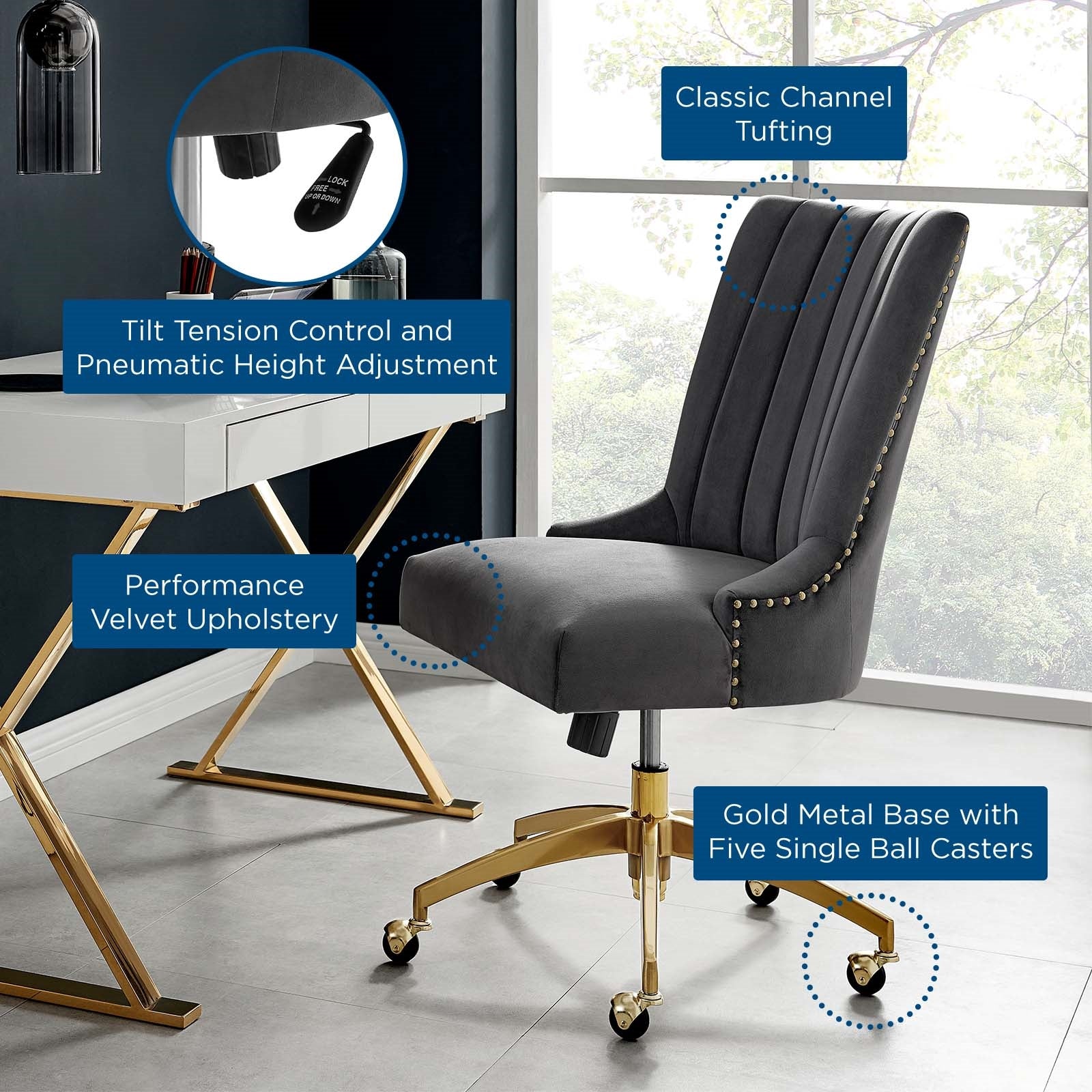 Empower Channel Tufted Performance Velvet Office Chair in Gold