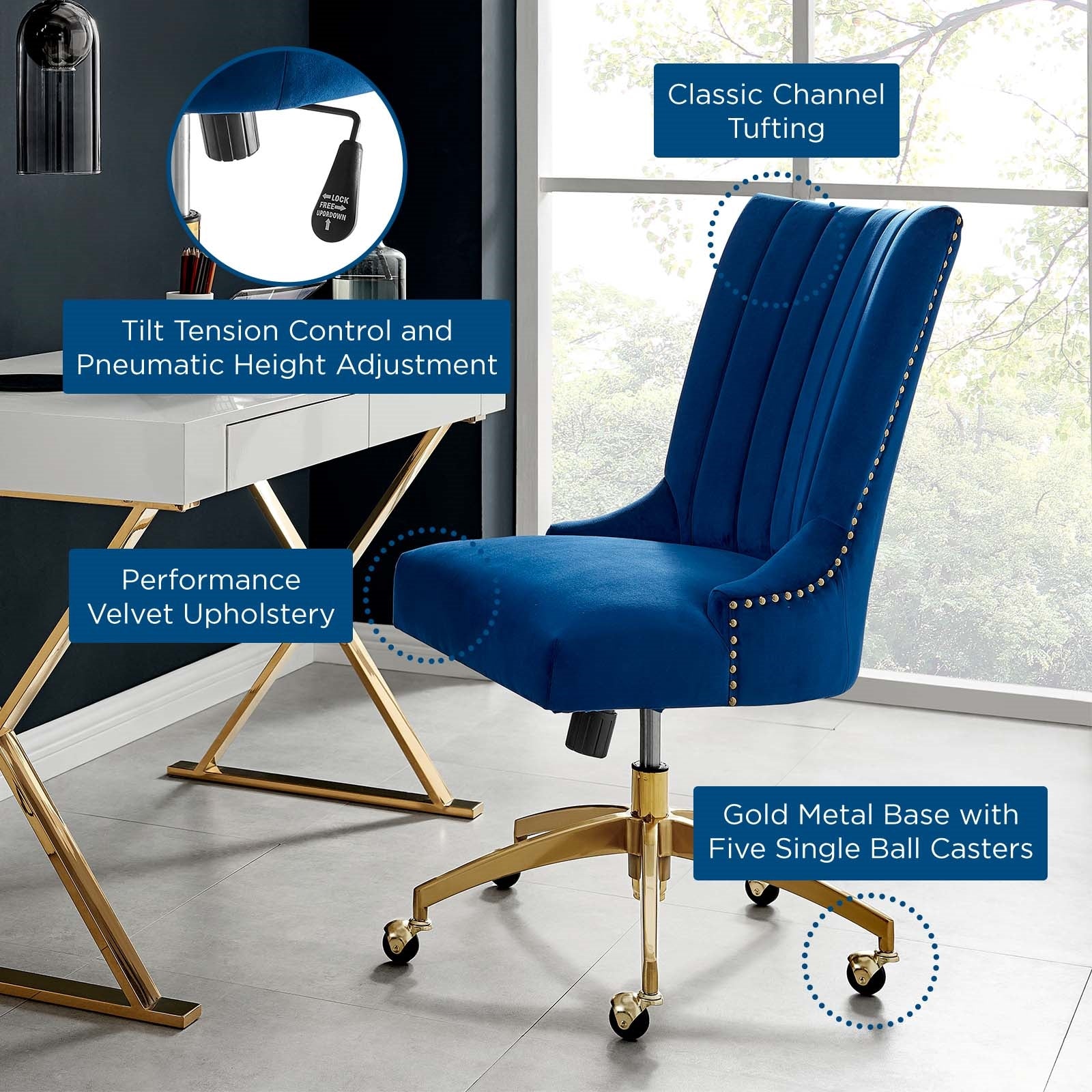Empower Channel Tufted Performance Velvet Office Chair in Gold